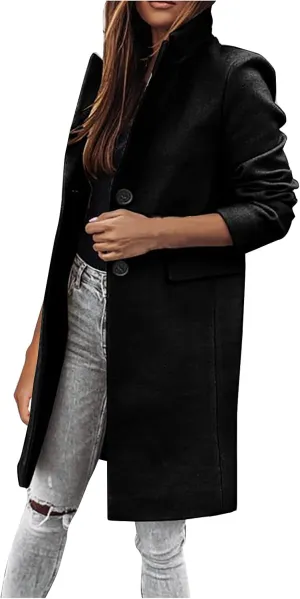 Womens Winter Overcoat Notch Lapel Single Breasted Mid-Long Wool Pea Coat Elegant Work Office Coat Dress Trench Jacket