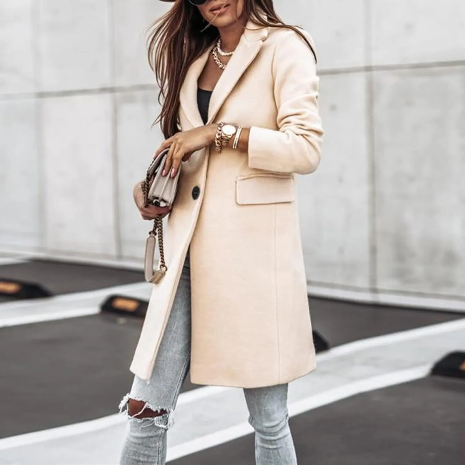 Womens Winter Overcoat Notch Lapel Single Breasted Mid-Long Wool Pea Coat Elegant Work Office Coat Dress Trench Jacket