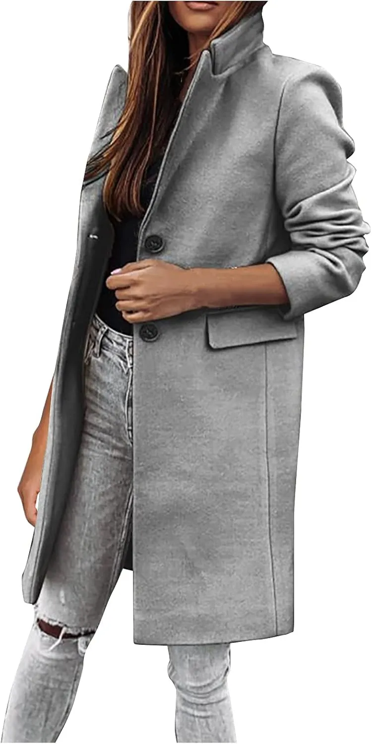 Womens Winter Overcoat Notch Lapel Single Breasted Mid-Long Wool Pea Coat Elegant Work Office Coat Dress Trench Jacket