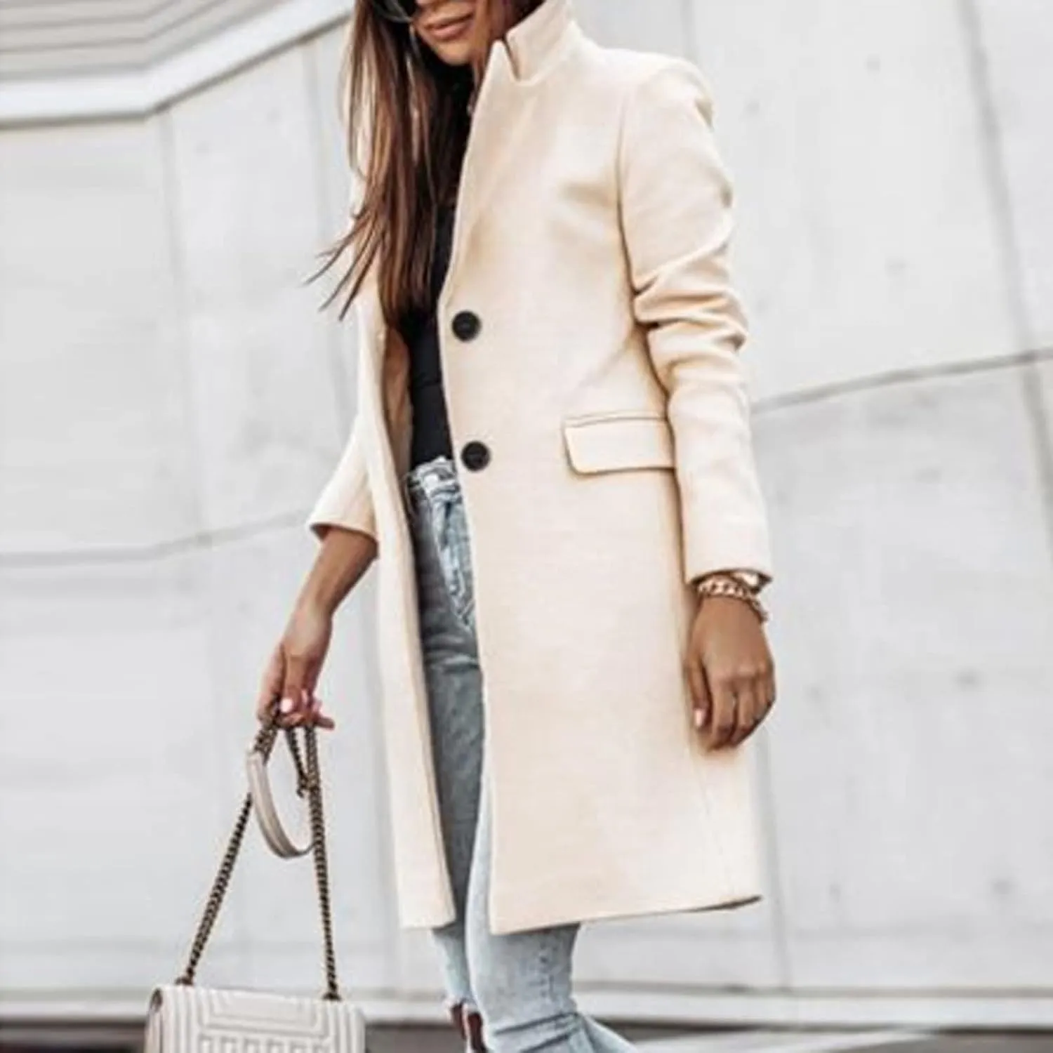 Womens Winter Overcoat Notch Lapel Single Breasted Mid-Long Wool Pea Coat Elegant Work Office Coat Dress Trench Jacket
