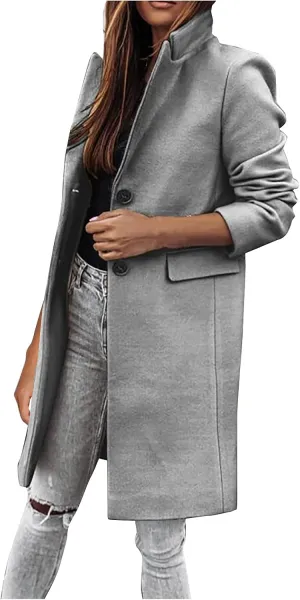 Womens Winter Overcoat Notch Lapel Single Breasted Mid-Long Wool Pea Coat Elegant Work Office Coat Dress Trench Jacket