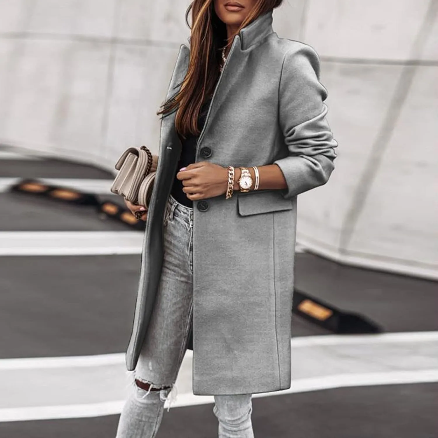 Womens Winter Overcoat Notch Lapel Single Breasted Mid-Long Wool Pea Coat Elegant Work Office Coat Dress Trench Jacket