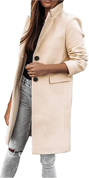 Womens Winter Overcoat Notch Lapel Single Breasted Mid-Long Wool Pea Coat Elegant Work Office Coat Dress Trench Jacket