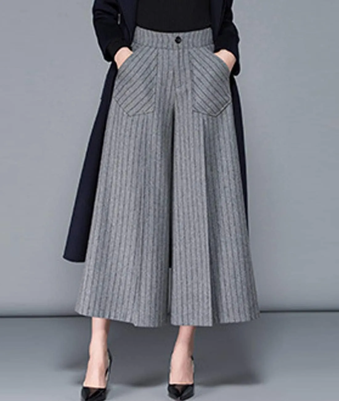 Women's Winter Thicken High Waist Wool Blend Wide Leg Cropped Pants Trousers
