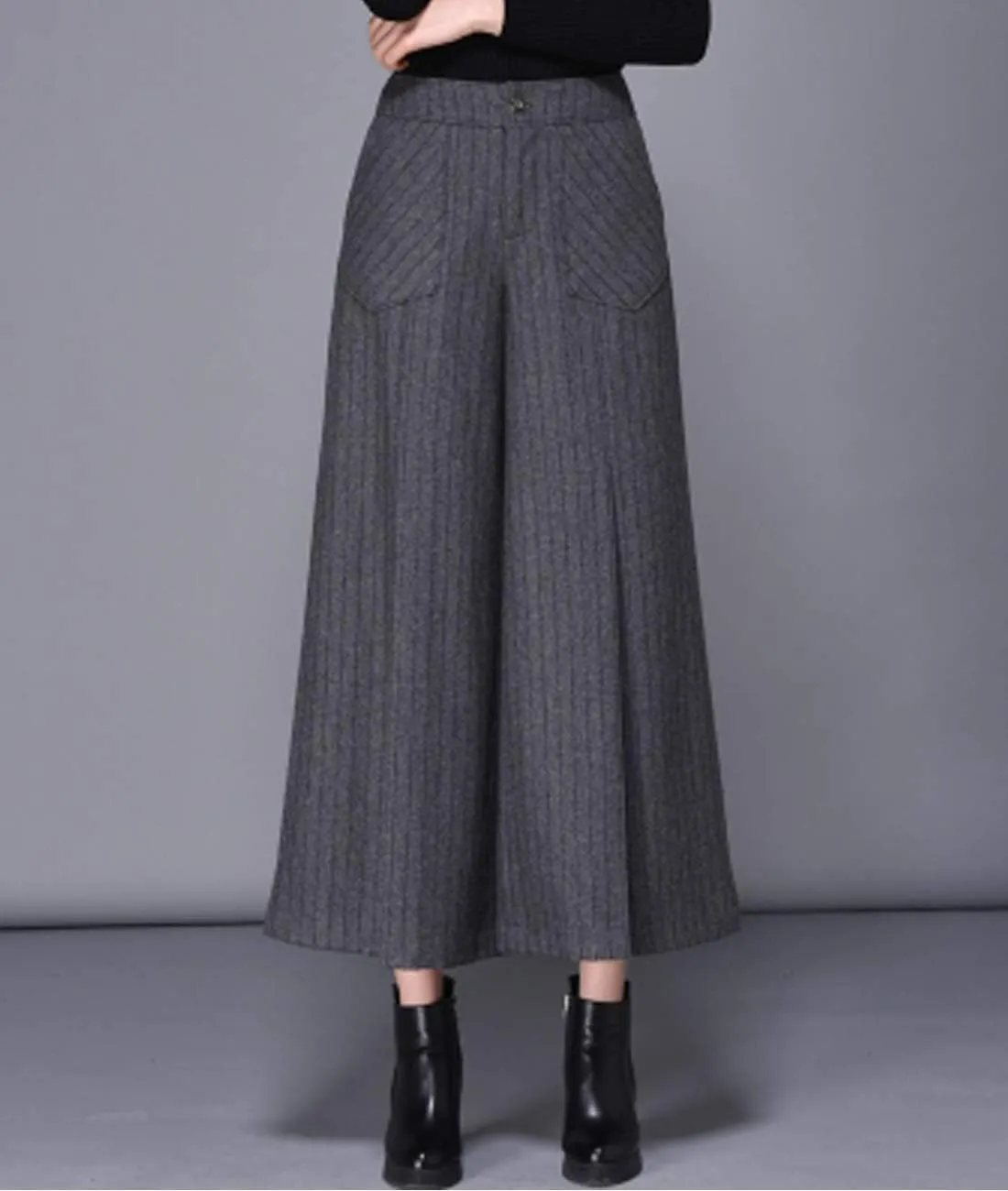 Women's Winter Thicken High Waist Wool Blend Wide Leg Cropped Pants Trousers