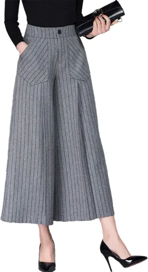 Women's Winter Thicken High Waist Wool Blend Wide Leg Cropped Pants Trousers