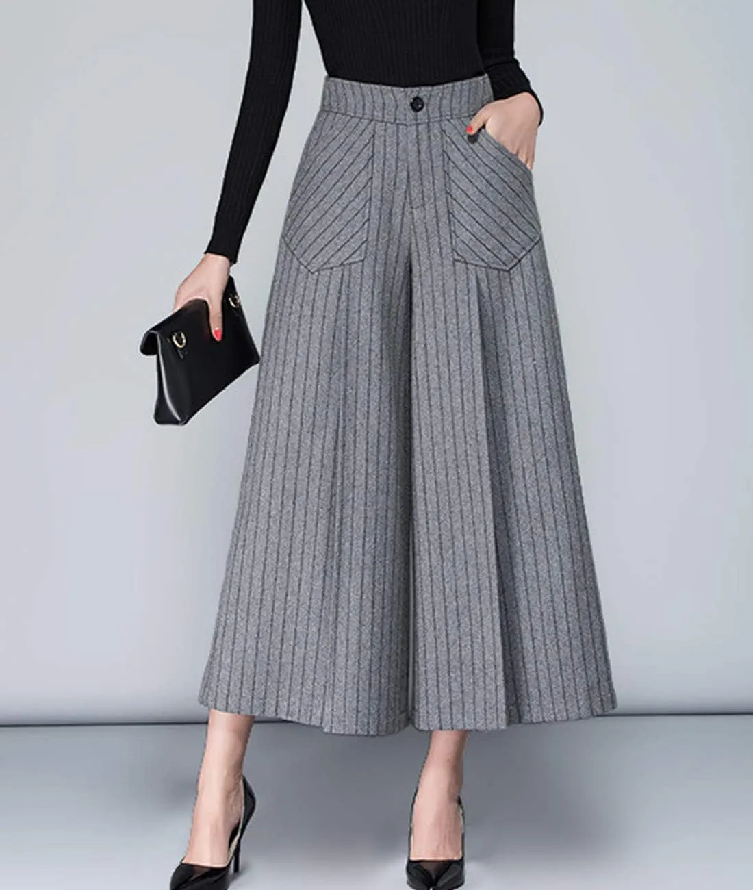Women's Winter Thicken High Waist Wool Blend Wide Leg Cropped Pants Trousers