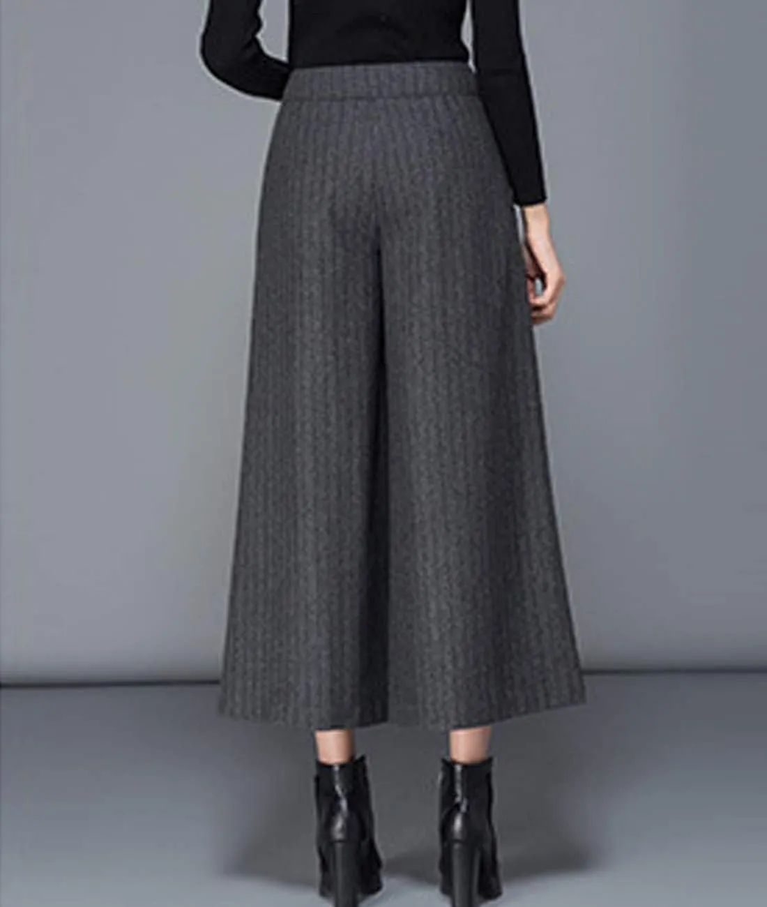 Women's Winter Thicken High Waist Wool Blend Wide Leg Cropped Pants Trousers