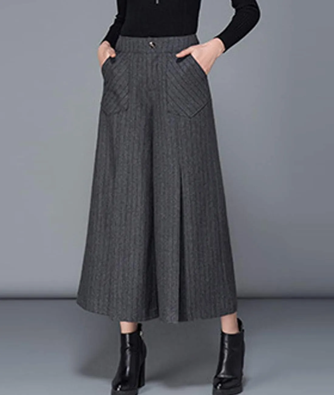 Women's Winter Thicken High Waist Wool Blend Wide Leg Cropped Pants Trousers