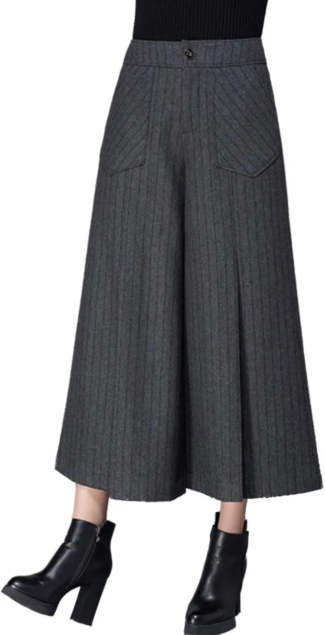 Women's Winter Thicken High Waist Wool Blend Wide Leg Cropped Pants Trousers
