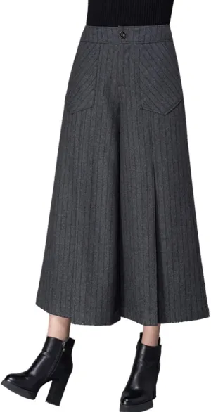 Women's Winter Thicken High Waist Wool Blend Wide Leg Cropped Pants Trousers