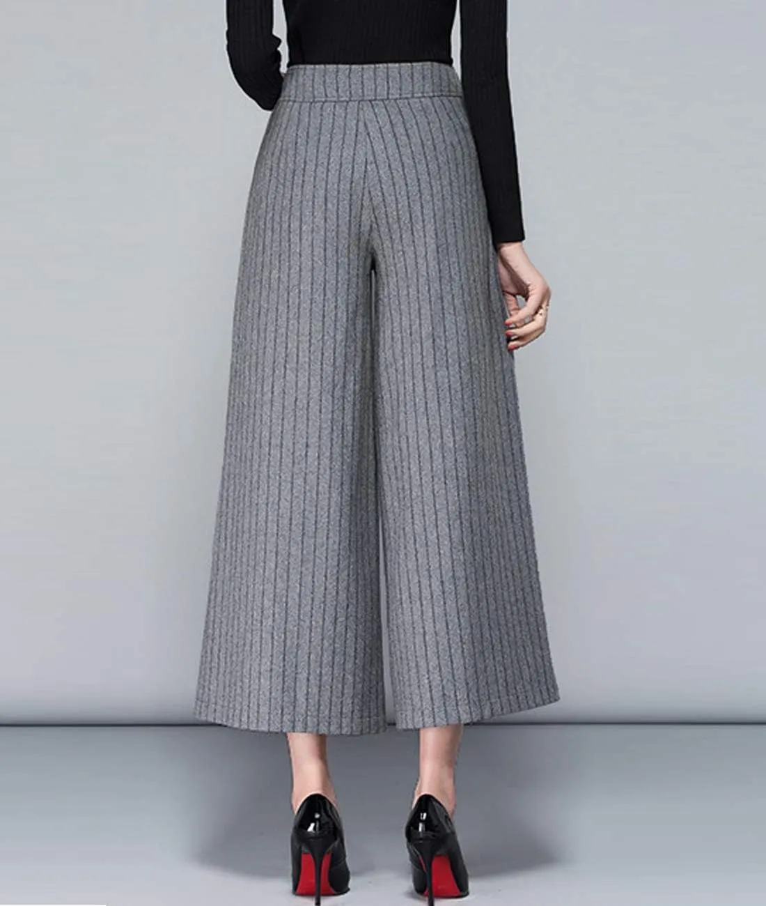 Women's Winter Thicken High Waist Wool Blend Wide Leg Cropped Pants Trousers