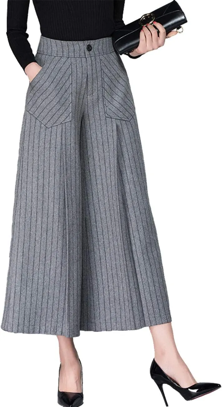 Women's Winter Thicken High Waist Wool Blend Wide Leg Cropped Pants Trousers