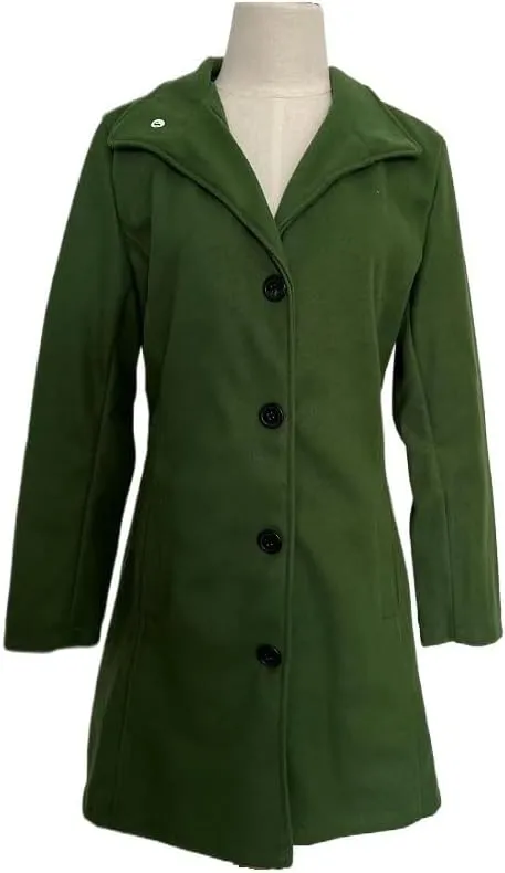 Women's Winter Wool Blend Pea Coat Stand Collar Single Breasted Trench Coat Overcoat