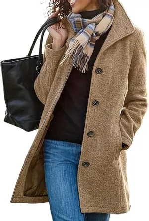 Women's Winter Wool Blend Pea Coat Stand Collar Single Breasted Trench Coat Overcoat