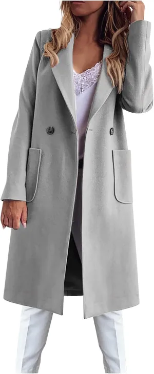 Women's Wool & Pea Coats Womens Fall Winter Wool Pea Coat Dressy Casual Double Breasted Midi Peacoat Trench Coats Elegant Notched Lapel Jackets Gray 3X-Large
