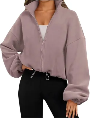 Womens Zip Up Hoodie Oversized Sweatshirt Fleece Cropped Jacket Trendy Fleece Jacket Travel Stretchy Jackets Utility