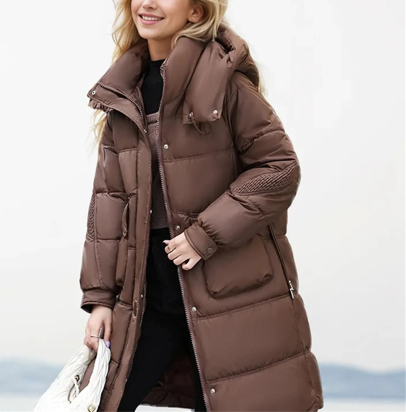 Women's Zipper Drawstring Waist Parkas Coats Vintage Warm Hooded Stand Collar Cotton-Padded Jacket