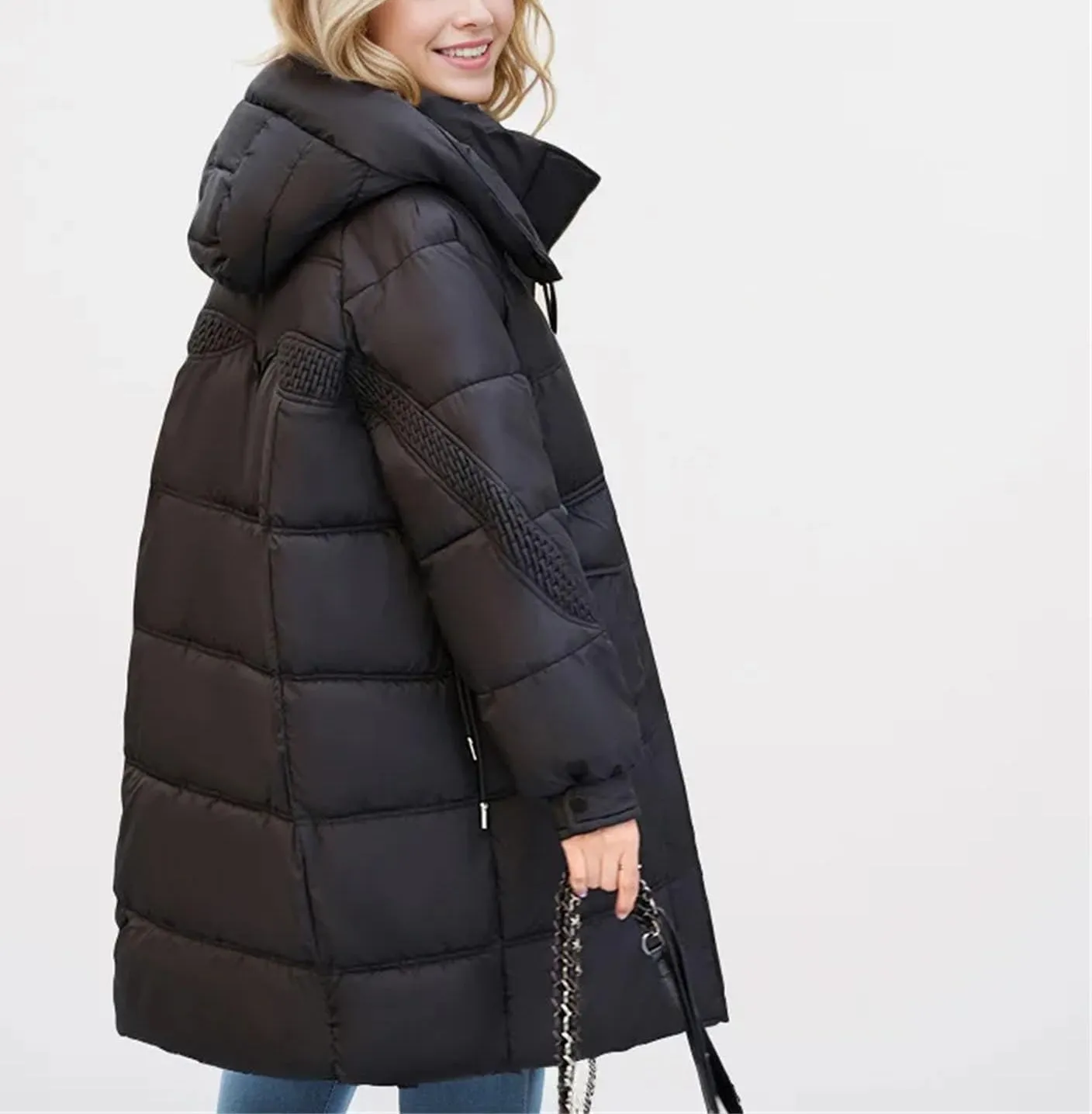 Women's Zipper Drawstring Waist Parkas Coats Vintage Warm Hooded Stand Collar Cotton-Padded Jacket