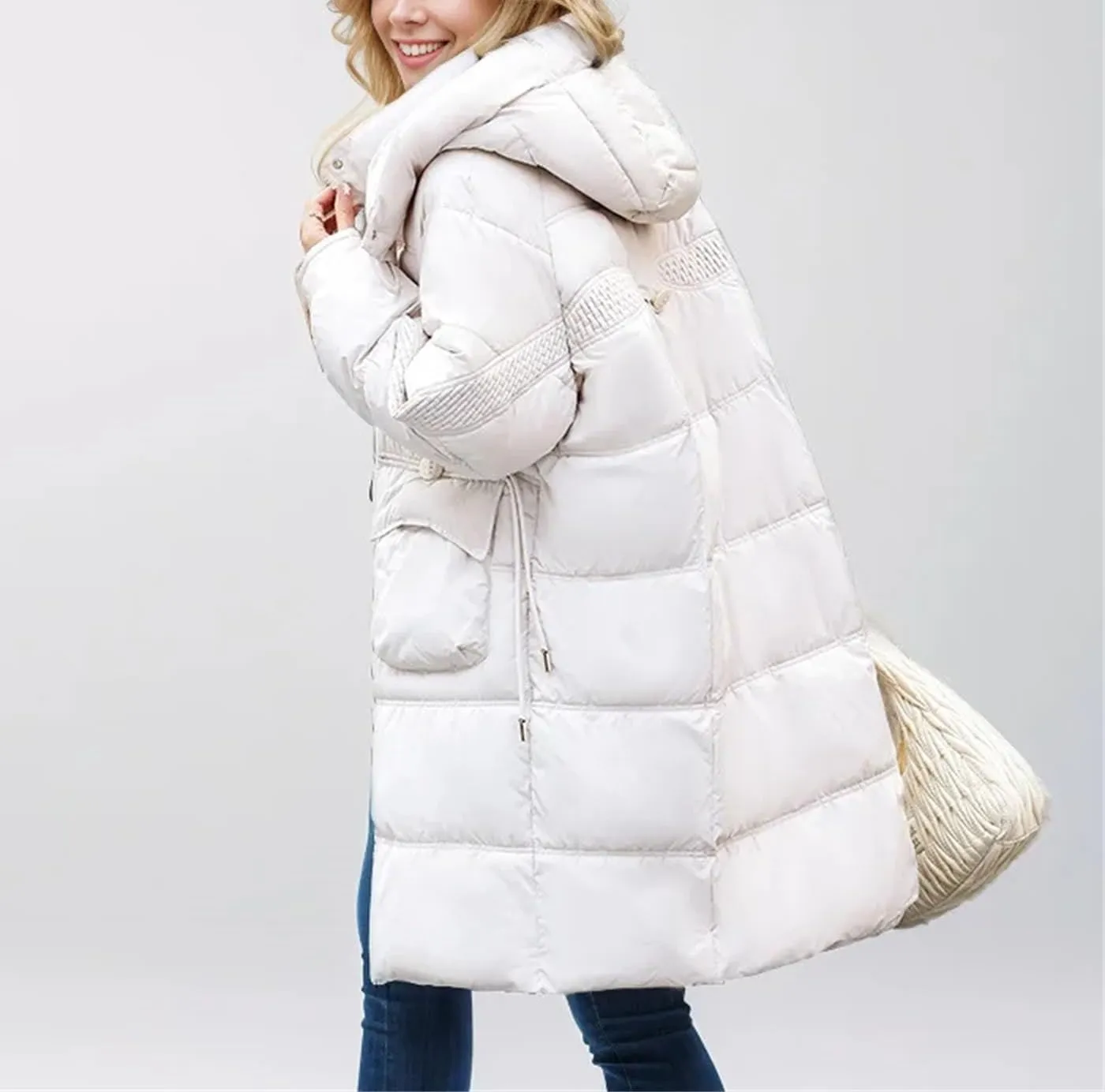 Women's Zipper Drawstring Waist Parkas Coats Vintage Warm Hooded Stand Collar Cotton-Padded Jacket