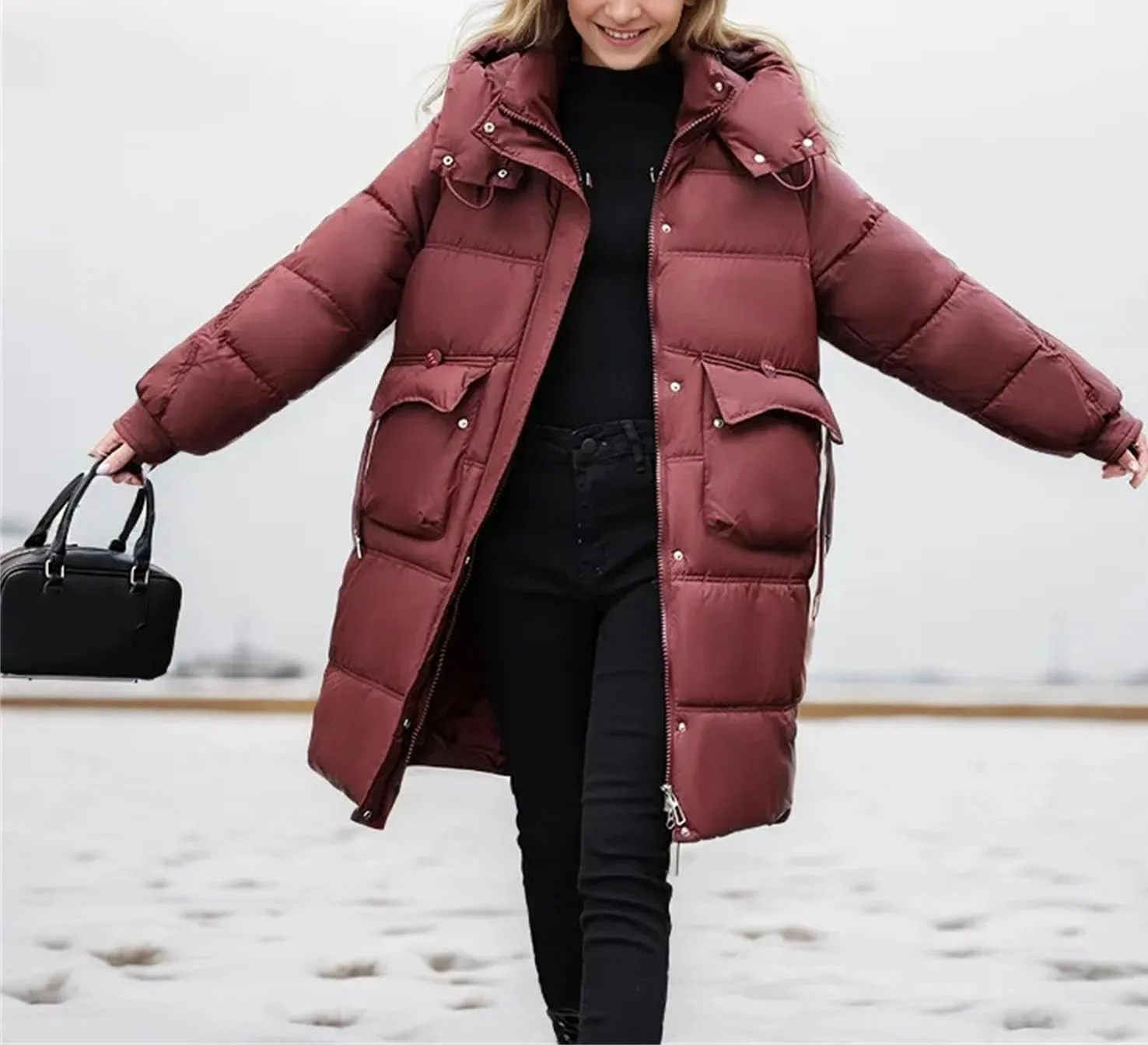 Women's Zipper Drawstring Waist Parkas Coats Vintage Warm Hooded Stand Collar Cotton-Padded Jacket