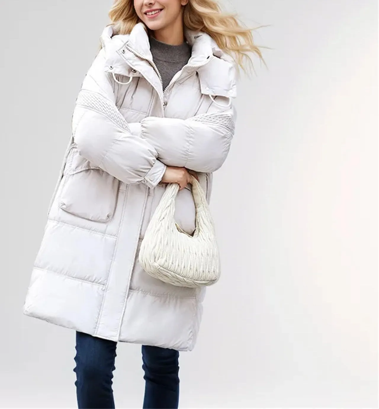 Women's Zipper Drawstring Waist Parkas Coats Vintage Warm Hooded Stand Collar Cotton-Padded Jacket