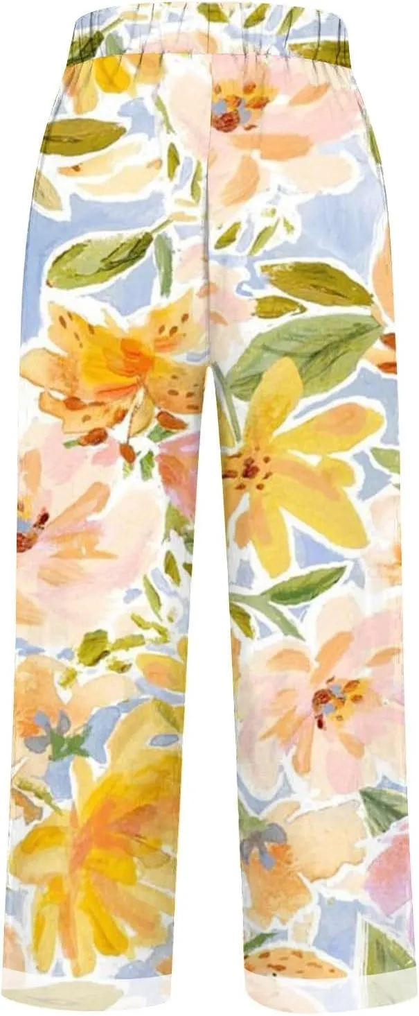 Women'sCasual Linen Pants Women'sPrinted Loose Pocket Casual Cotton and Linen Pants High Waist Wide Leg Pants