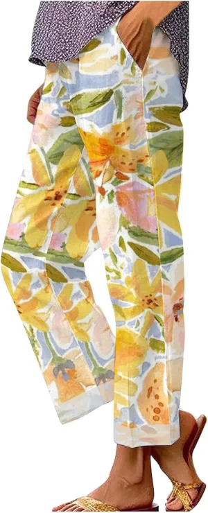 Women'sCasual Linen Pants Women'sPrinted Loose Pocket Casual Cotton and Linen Pants High Waist Wide Leg Pants