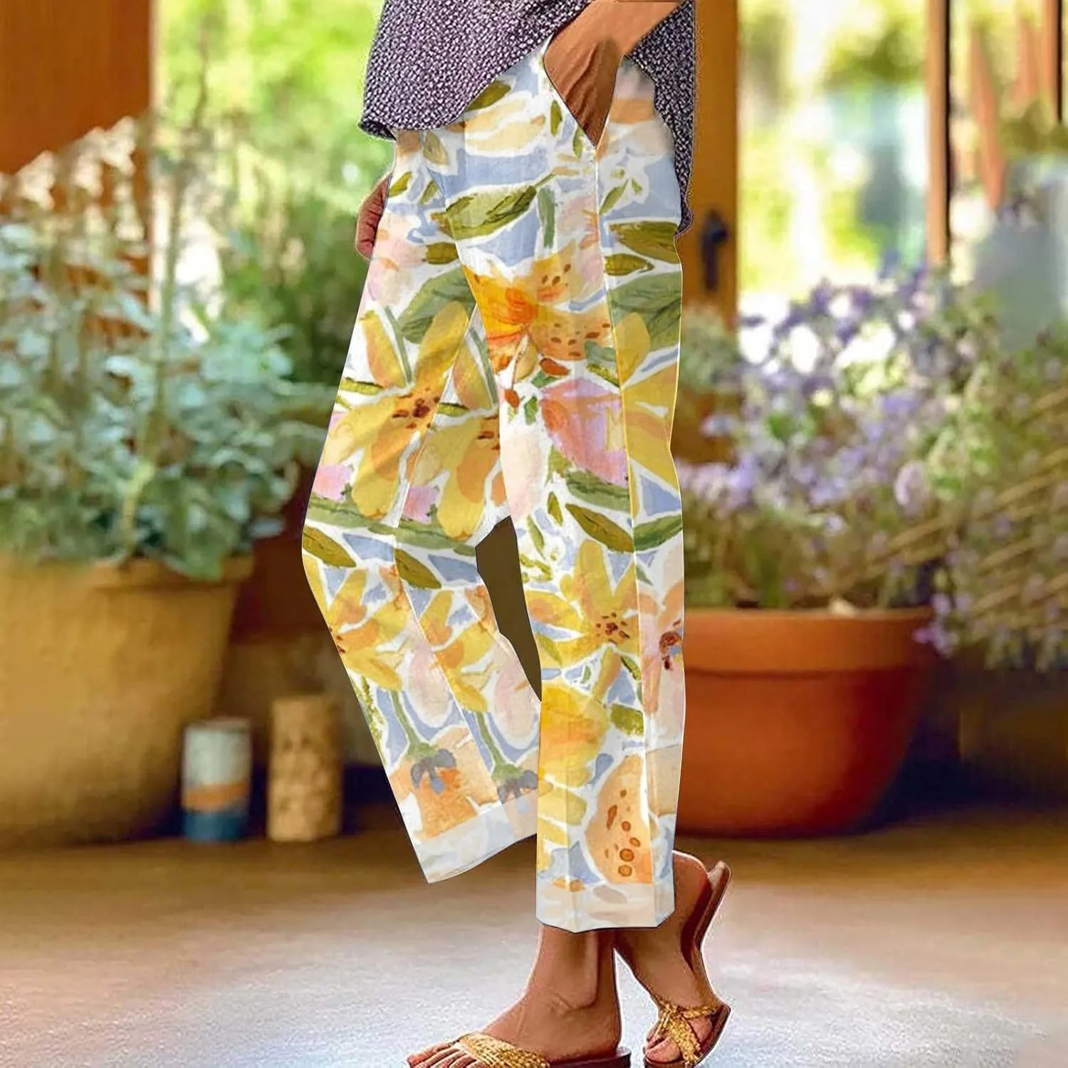 Women'sCasual Linen Pants Women'sPrinted Loose Pocket Casual Cotton and Linen Pants High Waist Wide Leg Pants
