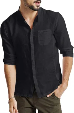 WUAI-Men Hipster Linen Shirts Casual Light Weight Long Sleeve Basic Regular Fit Summer Beach Tops Button Down Shirt