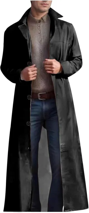 Xiaojmake Mens Long Leather Jacket Faux Leather Coat Full Length Leather Trench Coat Steampunk Gothic Overcoat Military Coat