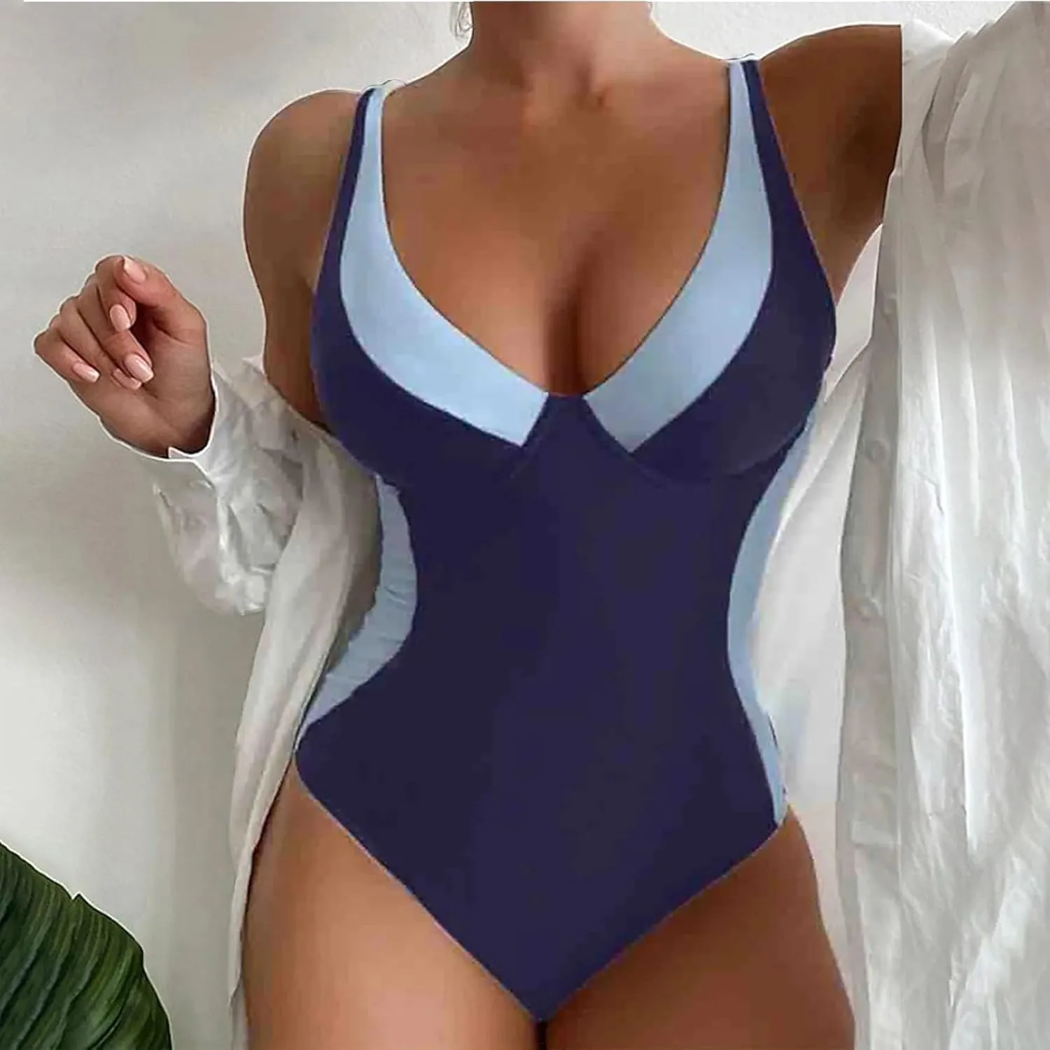 XUNRYAN 2024 Women's Colorblock One Piece Swimsuit Bathing Suits Push Up Swimwear Beachwear Summer Fashion Monokini