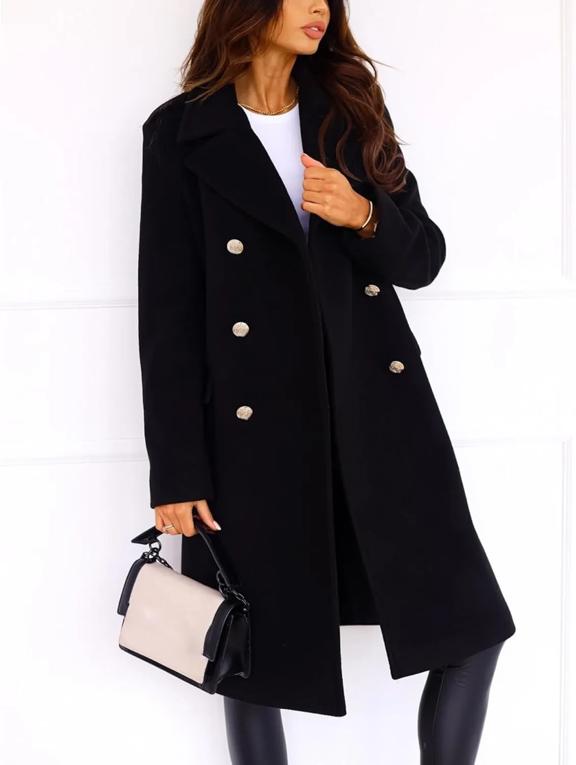 xxxiticat Women's Wool Blend Trench Coat Long Sleeve Classic Double Breasted Notch Lapel Winter PeaCoat Overcoat