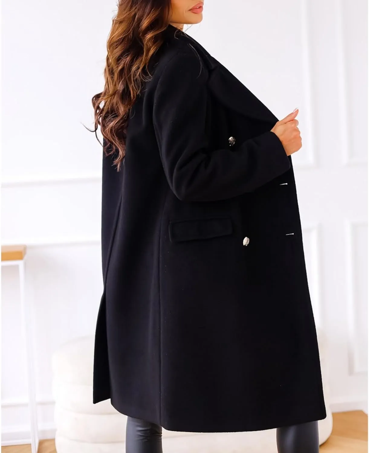 xxxiticat Women's Wool Blend Trench Coat Long Sleeve Classic Double Breasted Notch Lapel Winter PeaCoat Overcoat