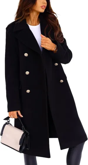 xxxiticat Women's Wool Blend Trench Coat Long Sleeve Classic Double Breasted Notch Lapel Winter PeaCoat Overcoat
