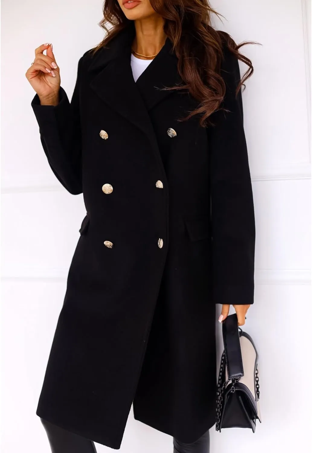 xxxiticat Women's Wool Blend Trench Coat Long Sleeve Classic Double Breasted Notch Lapel Winter PeaCoat Overcoat