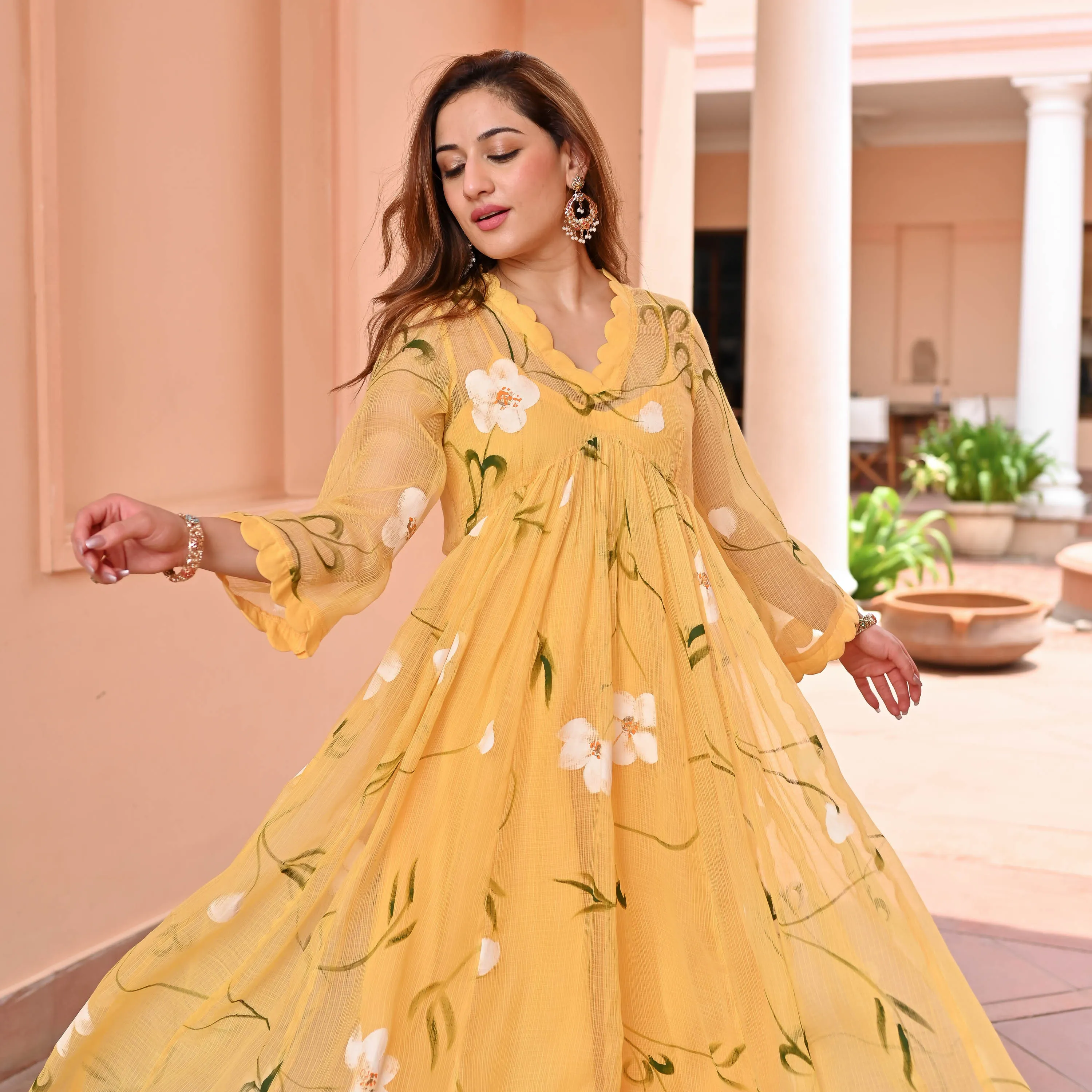 Yellow Handpainted Doriya Kurta Set