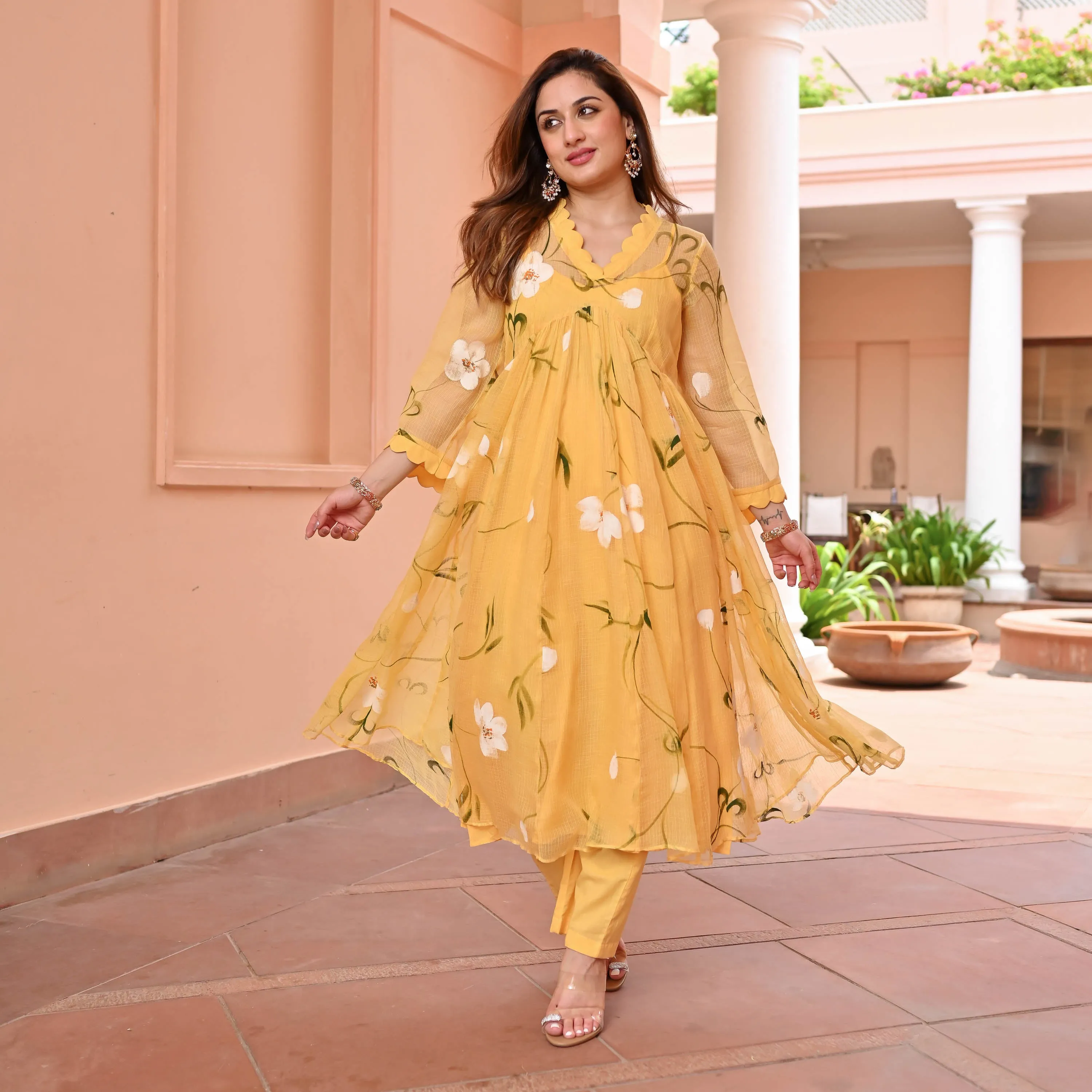 Yellow Handpainted Doriya Kurta Set