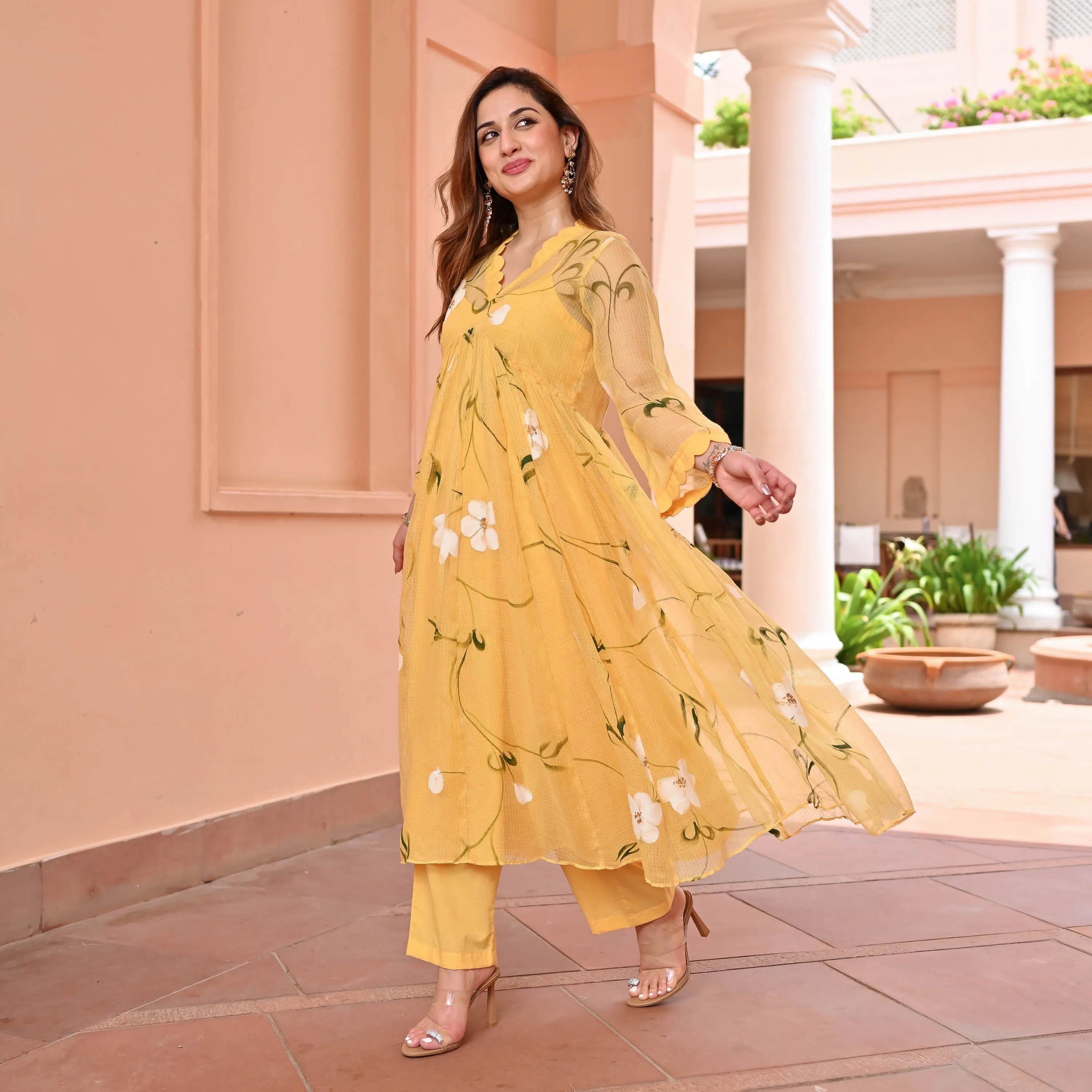 Yellow Handpainted Doriya Kurta Set