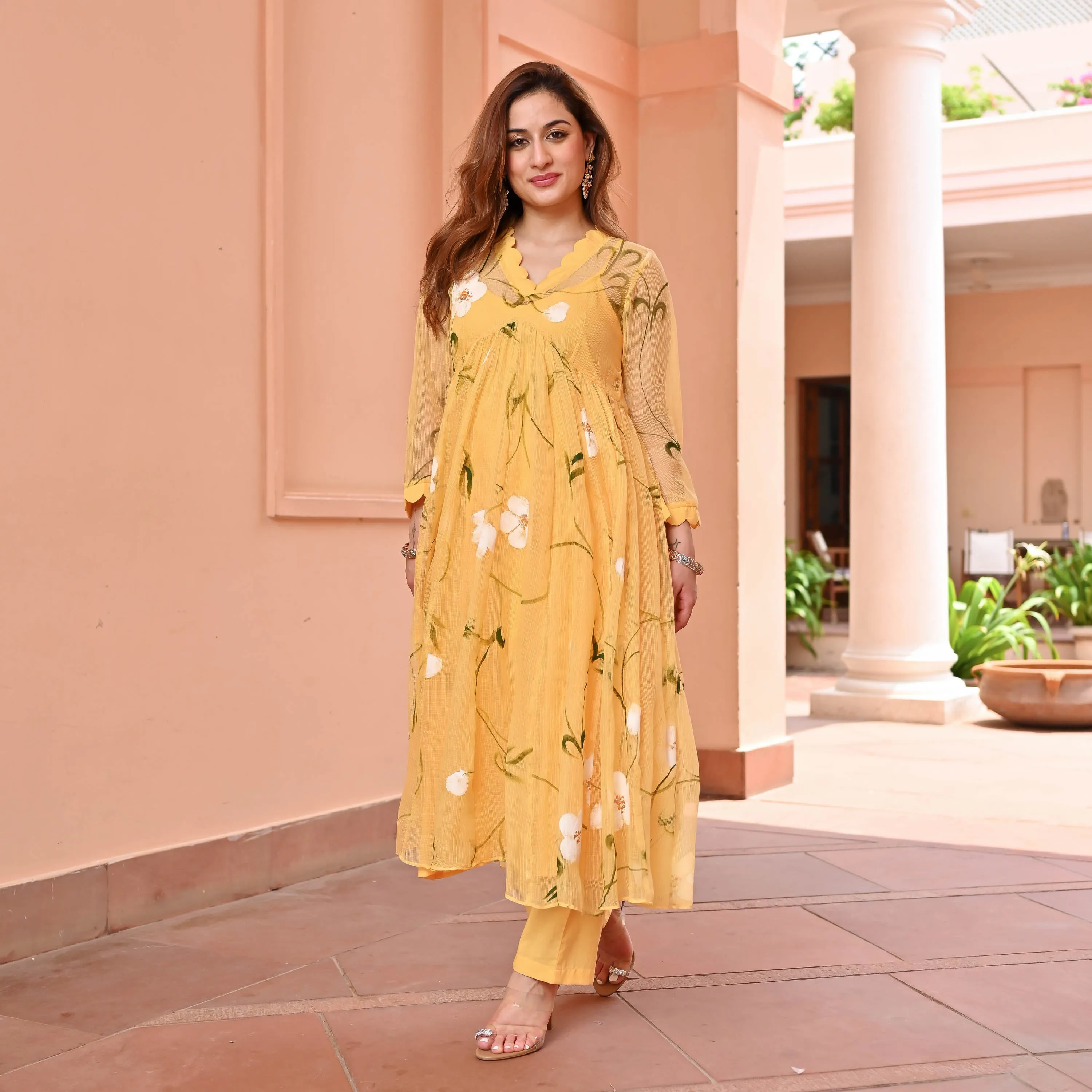 Yellow Handpainted Doriya Kurta Set