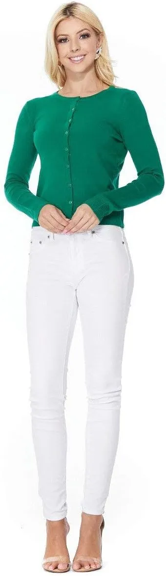 YEMAK Women's Knit Cardigan Sweater  Long Sleeve Crewneck Basic Classic Casual Button Down Soft Lightweight Knitted Top