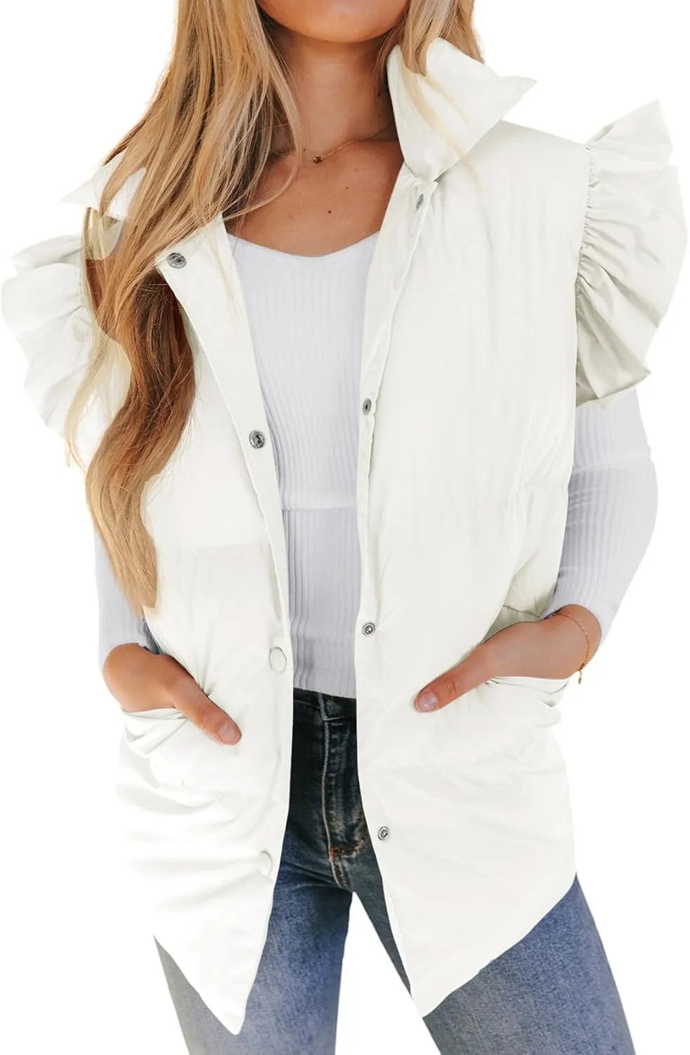 Yimoon Women's Ruffle Puffer Vest Lightweight Sleeveless Padded Gilet Oversized Warm Outwear Vests
