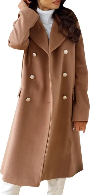 YMING Women Winter Wool Blend Mid-Long Coat Double-Breasted Notch Lapel Jacket Solid Color Outwear with Pockets