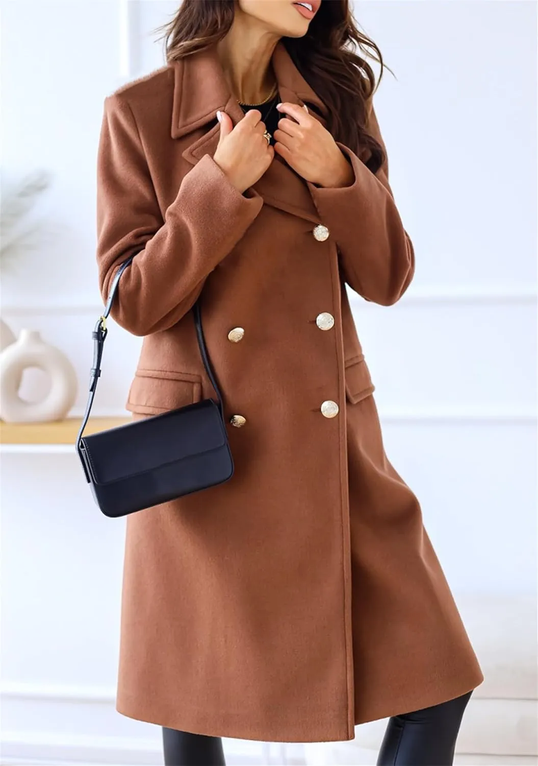 YMING Women Winter Wool Blend Mid-Long Coat Double-Breasted Notch Lapel Jacket Solid Color Outwear with Pockets