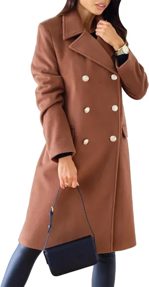 YMING Women Winter Wool Blend Mid-Long Coat Double-Breasted Notch Lapel Jacket Solid Color Outwear with Pockets