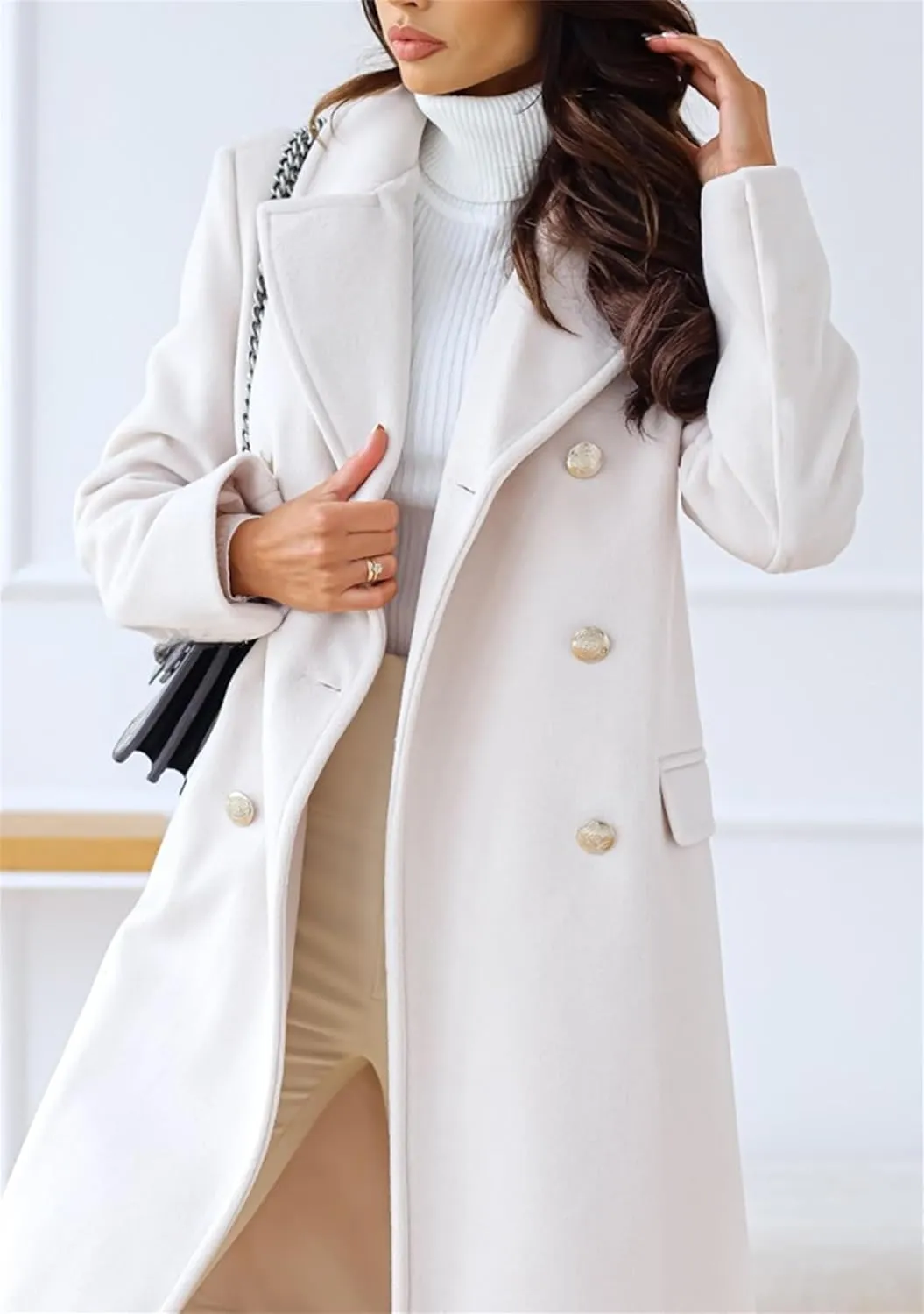 YMING Women Winter Wool Blend Mid-Long Coat Double-Breasted Notch Lapel Jacket Solid Color Outwear with Pockets