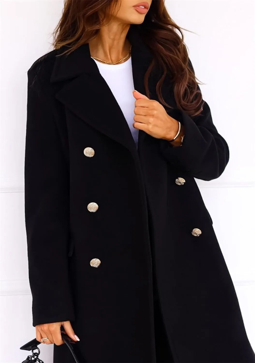 YMING Women Winter Wool Blend Mid-Long Coat Double-Breasted Notch Lapel Jacket Solid Color Outwear with Pockets