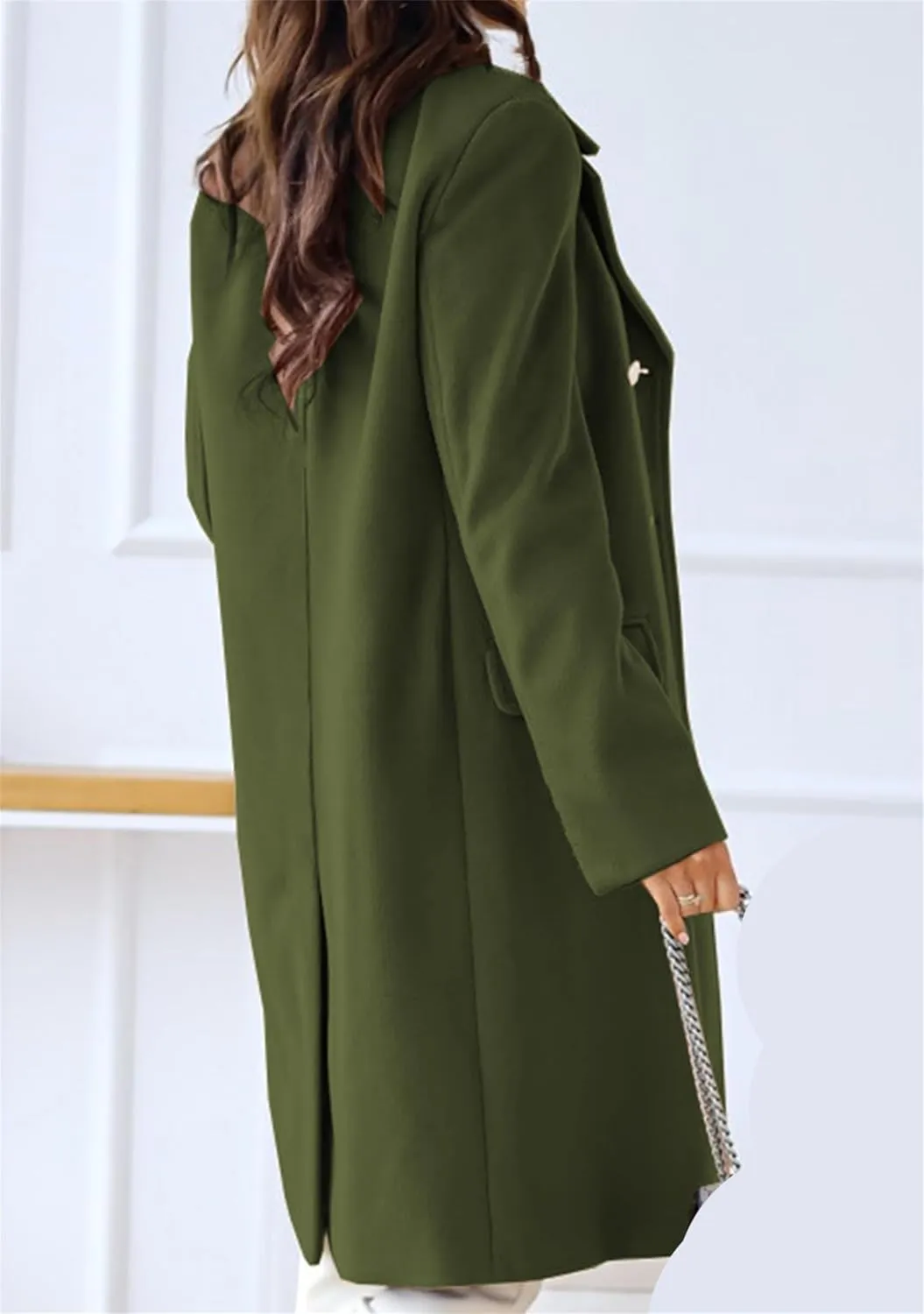 YMING Women Winter Wool Blend Mid-Long Coat Double-Breasted Notch Lapel Jacket Solid Color Outwear with Pockets