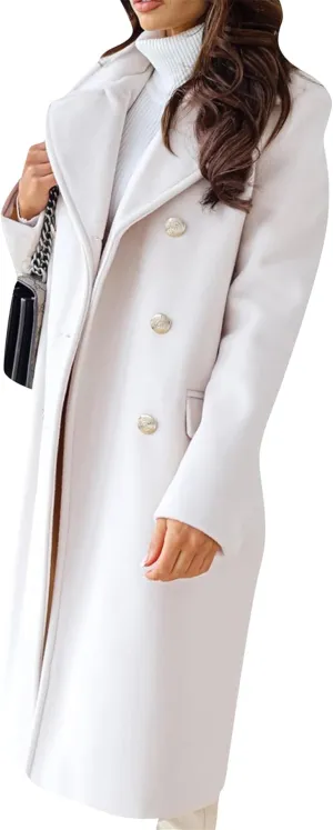 YMING Women Winter Wool Blend Mid-Long Coat Double-Breasted Notch Lapel Jacket Solid Color Outwear with Pockets