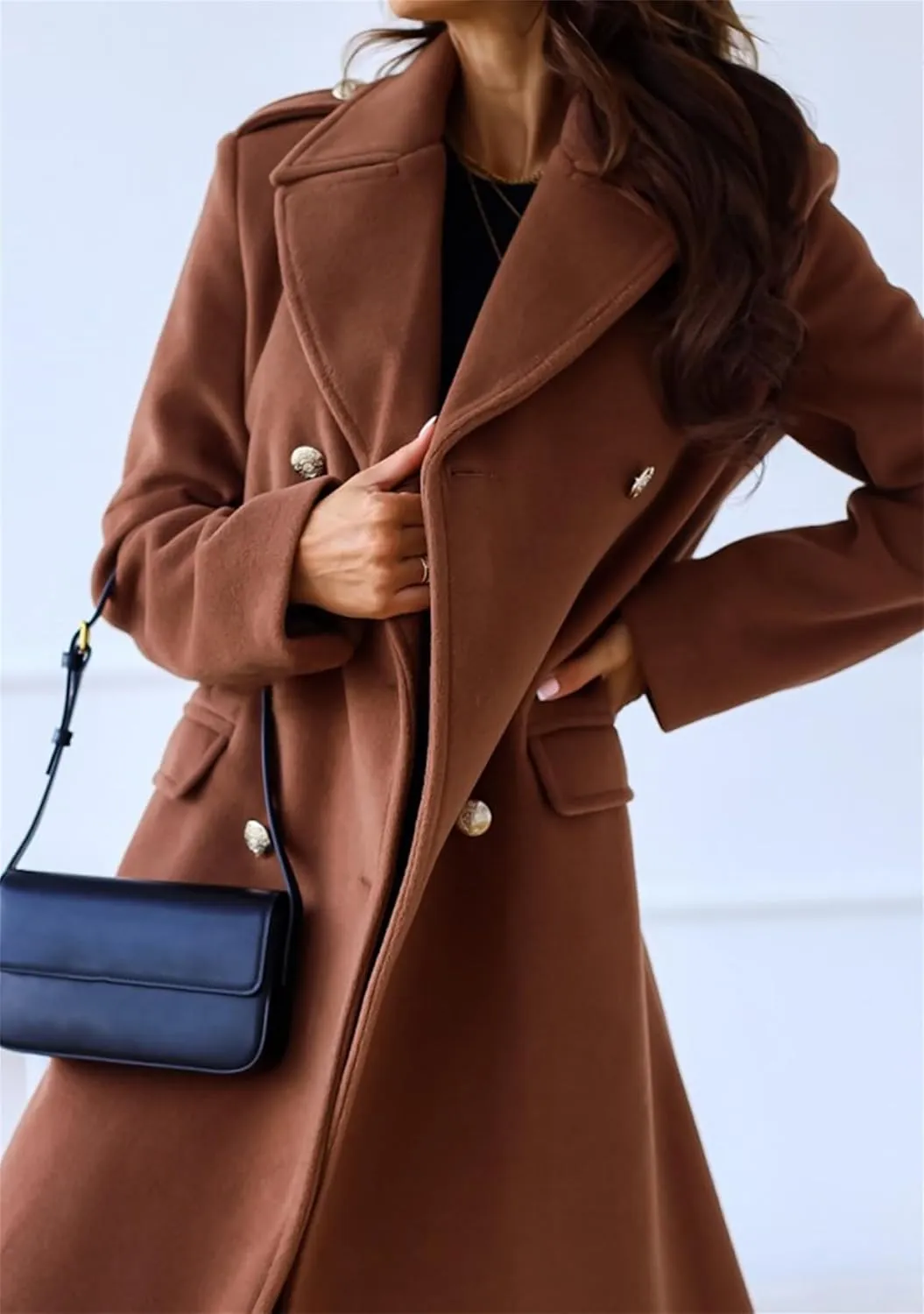 YMING Women Winter Wool Blend Mid-Long Coat Double-Breasted Notch Lapel Jacket Solid Color Outwear with Pockets